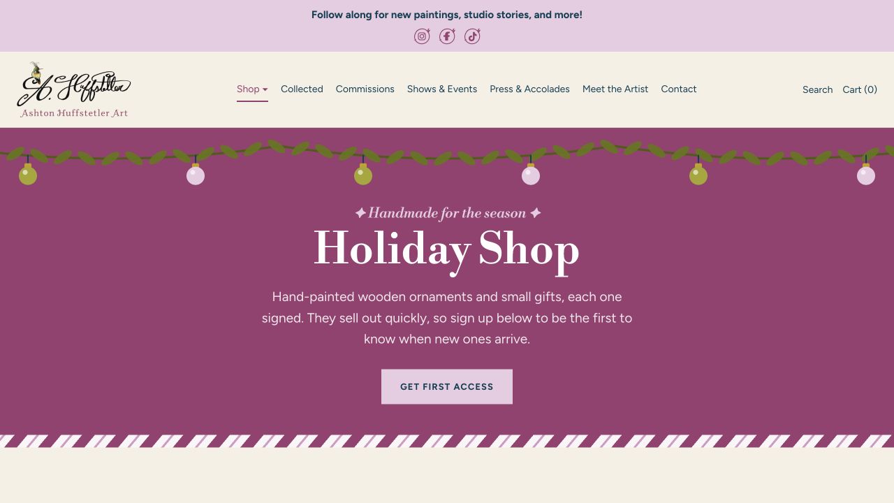 Ashton’s Holiday Shop with illustrated garland, hanging ornaments, purple seasonal banner and first-access signup
